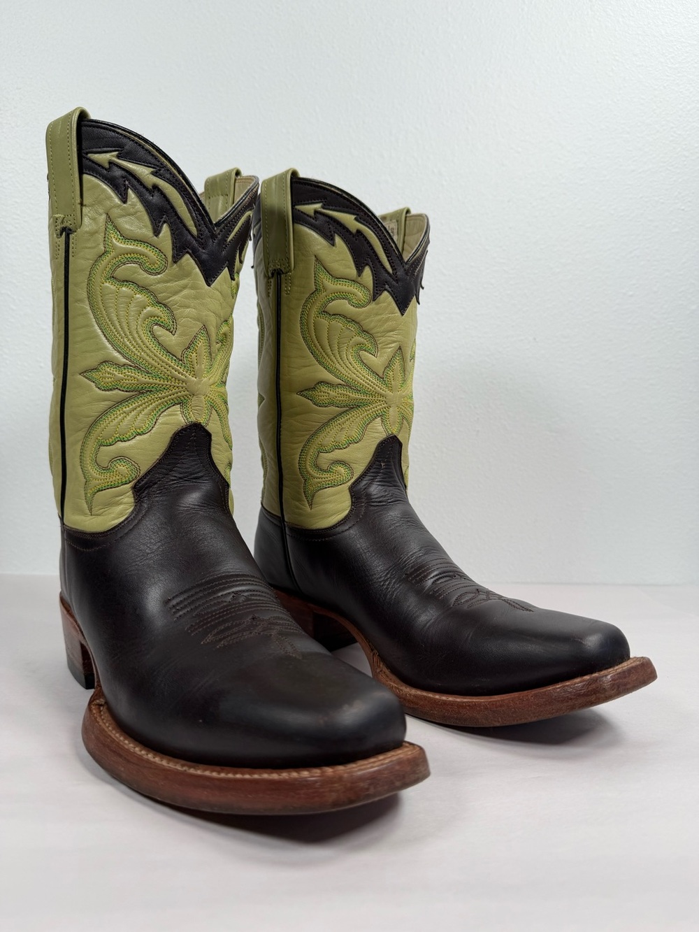 Men’s Vintage John B. Stetson Cowboy Boots Size 8 B Brown & Green Square Toe